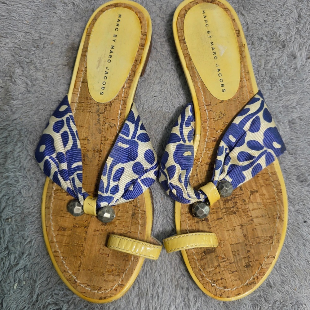 VTG Marc by Marc Jacobs Sandals Yellow Blue Cork Toe Loop Women 38.5 8-8.5